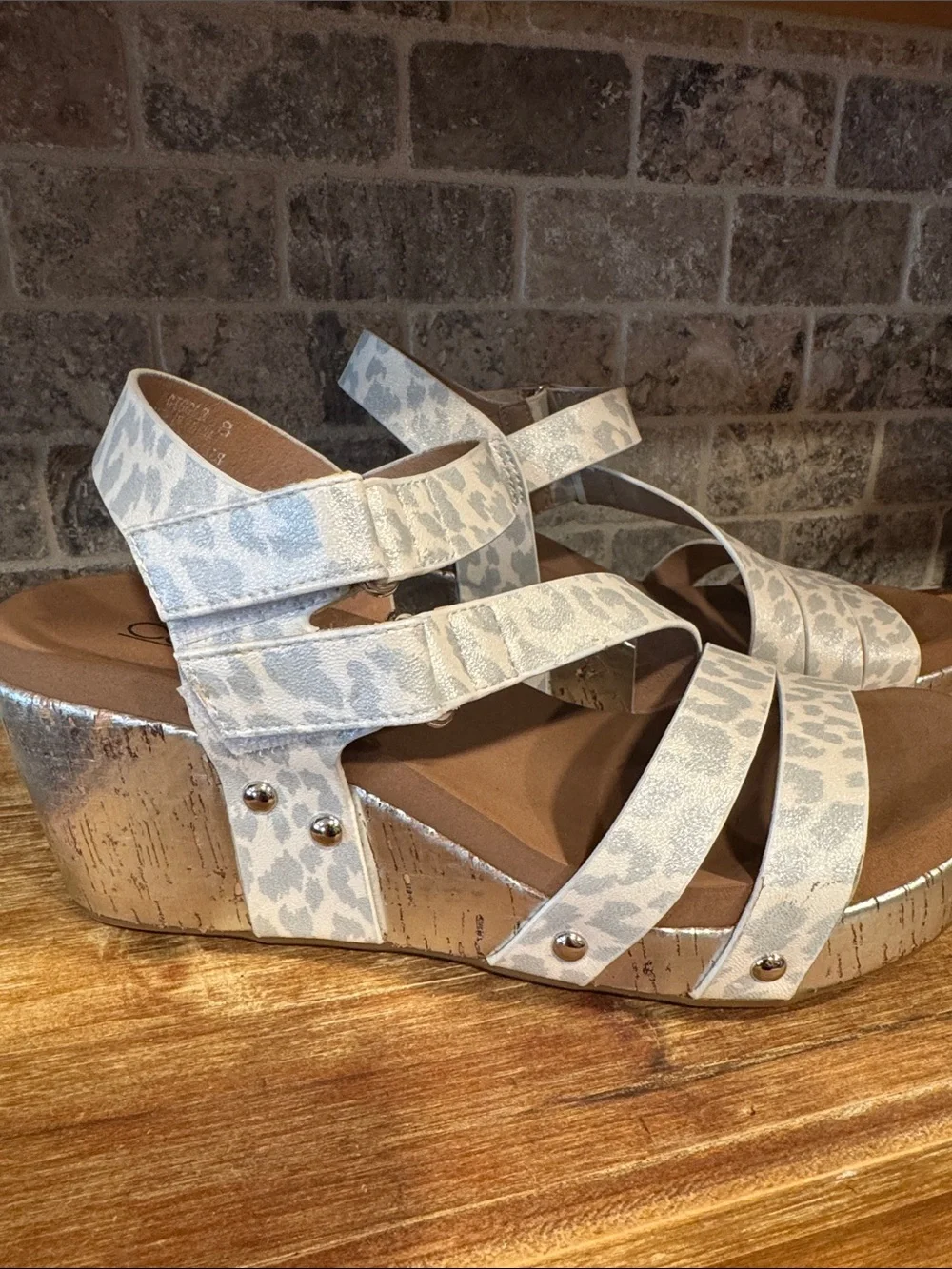 Corkys Silver and White Leopard Print Wedge Sandals